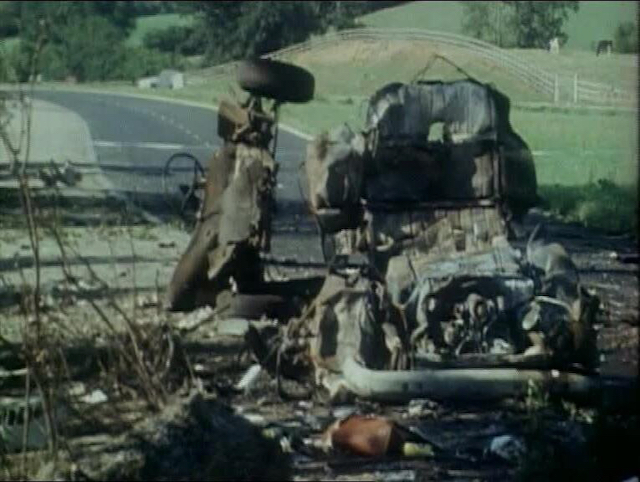 The bombed wreckage of The Miami Showband VW minibus on the morning of July 31st, 1975